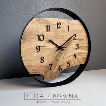Drewniany zegar w stalowej obręczy | 40cm średnicy