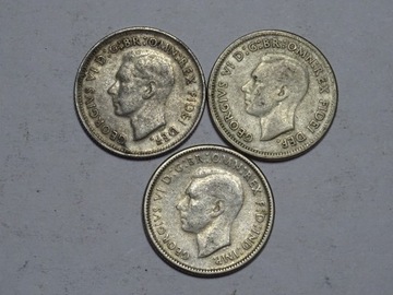 Australia 3 monety 1 shilling 1946-1952 srebro ciekawy mix-L021