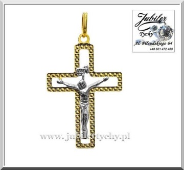 Złoty krzyżyk z wizerunkiem Jezusa zawieszka białe