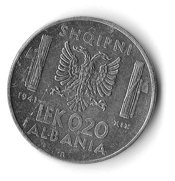 ALBANIA, 0,20 lek 1941, Emanuel III, st. 2-/3+