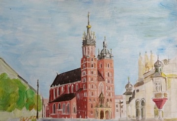 Kraków Bazylika Mariacka Rynek akryl A4