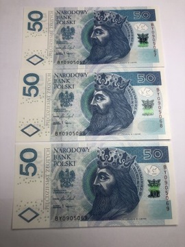 3 idealne banknoty 50 zł seria BY kolejne