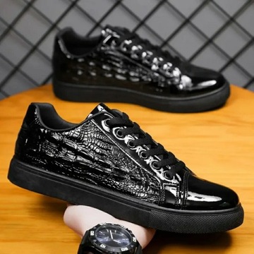 Nowe męskie czarne buty lakierowane - krokodyl