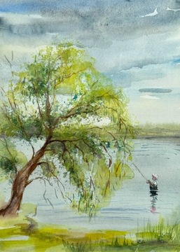 Wędkarstwo. Akwarela A4, ręcznie malowana