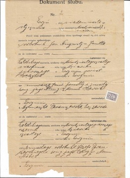 Dokument ślubu - Łowyń 1927r, pieczęcie.
