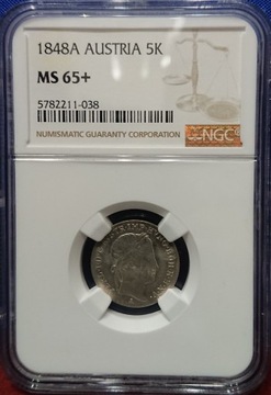 Austria 5 krajcarów 1848 A NGC MS65+ MAX NOTA 