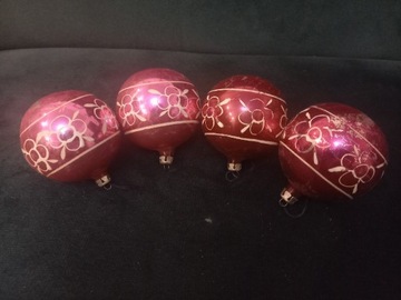4 szklane różowe bombki kulki PRL ręcznie malowane