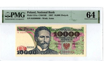 Banknot 10000 zł z 1987r. seria K (jednoliterowa) UNC w gradingu PMB 64