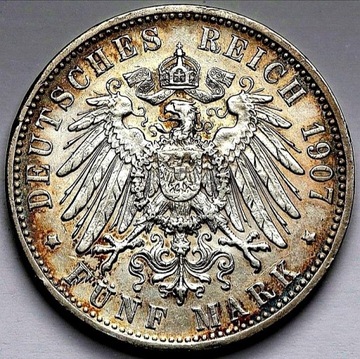 Moneta Cesarstwo Niemiec 5 marek 1907r