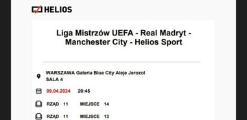 2 bilety na mecz real-man city HELIOS BLUE CITY