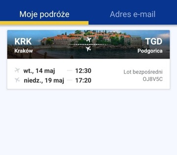 2 bilety lotnicze Kraków- Podgorica 14.05-19.05
