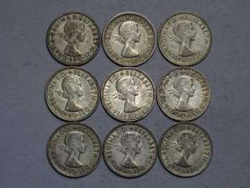 Australia 9 monety 1 shilling 1953-1963 srebro ciekawy mix-L022