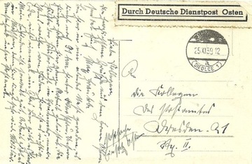 Kartka wysłana 25.11.1939 Siedlce 