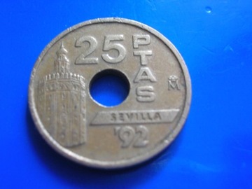 Hiszpania 25 ptas pesetas 1992 z dziurką Sewilla 
