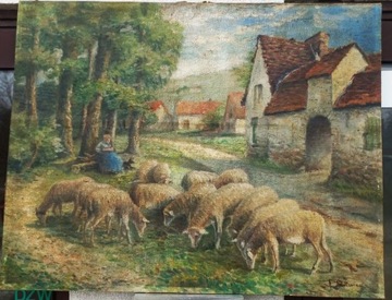 Malowany Obraz na Płótnie Owieczki i pasterka