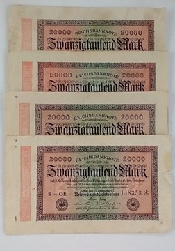 zestaw banknotów 20000 marek , 1923 , Niemcy 4 szt