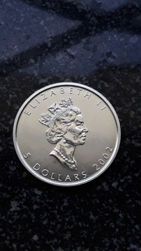 5 dolarów, Kanada, Liść Klonowy, 2002, SREBRO