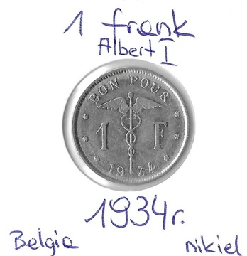 BELGIA, 1 frank 1934, Albert I, stan 3