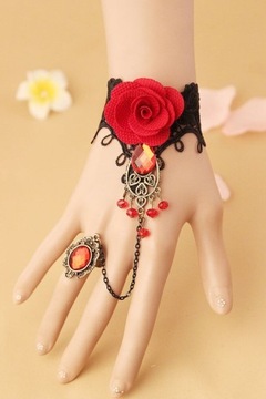 Gotycka koronkowa bransoletka z różą i pierścień