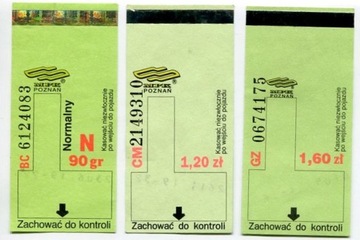 Bilet  MPK Poznań - 90gr/N, 1.20zł, 1.60zł