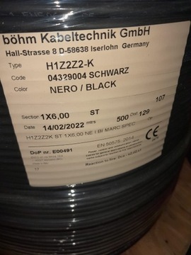 Kabel solarny czarny 6 mm dlugosc 500 m