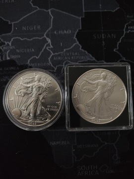 2 srebrne monety, orzeł amerykański