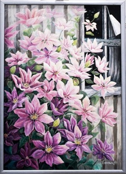 Ręcznie malowany obraz, 50x70, róż kwiaty powojnik