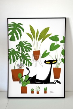 Plakat Kot rośliny monstera vintage opuncja PRL