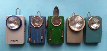5 starych latarek:2 Domgos,1Philips,2 kolorowe.PRL