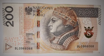 Banknot 200 zł unikalny numer BL0966066