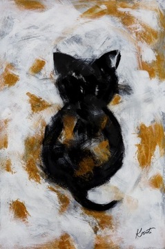 Nowoczesny obraz z kotkiem czerń biel złoto