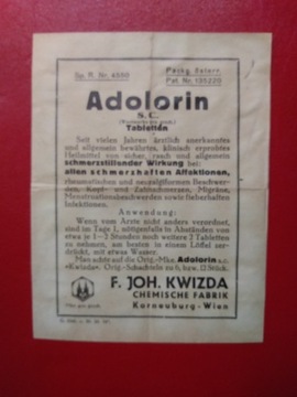Adolorin. F.JOH.KWIZDA.CHEMISCHE FABRIK - WIEN