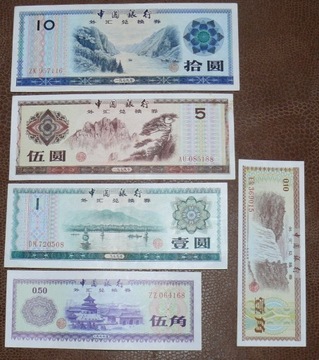 Chiny 10, 5, 1, 0.50, 0.10 Juany 5 szt. B. rzadkie