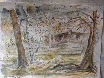  akwarela malowana ręcznie "Domek za lasem"