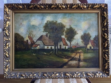 Stary sygnowany obraz olejny na drewnie XIX wiek 