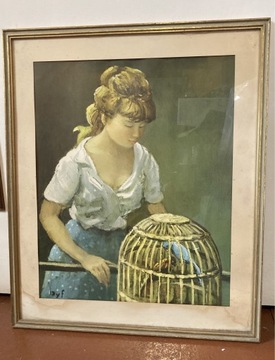 Stary obraz portret. Kobieta z papugami. 57x48