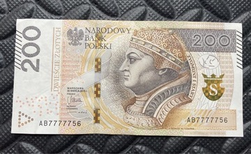 Banknot 200 zł, ładny numer 