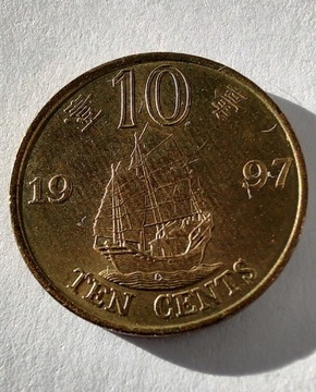 HONG KONG 10 Cents 1997 statek żaglowiec MENNICZA