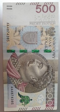 Banknoty 500 złotych seria AA