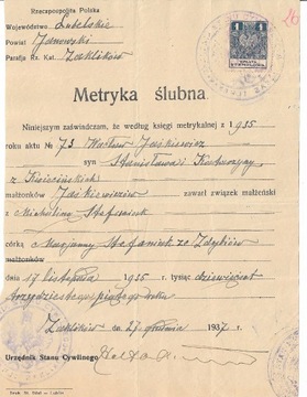 Metryka ślubna z 1937r- Parafia Zaklików. Pieczęć 