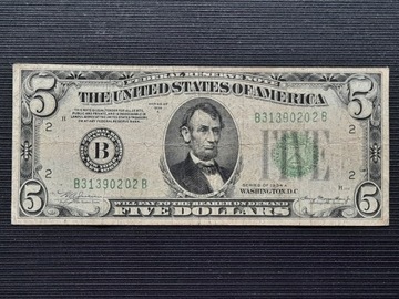5 Dolarów USD 1934 B31390202B Zielona Pieczęć NYC