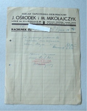 ZAKŁAD TAPICERSKI ŁÓDŹ 1946 - RACHUNEK