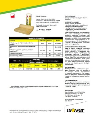 Wełna mineralna szklana Isover Super Mata  032 15c