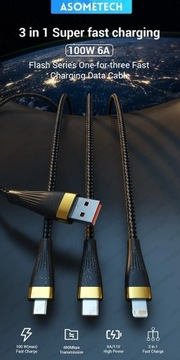 ASOMETECH 3 W 1 kabel USB 6A 100W 