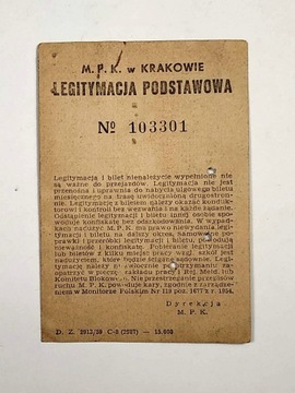 MPK Kraków - ok 1960 rok - Legitymacja Podstawowa