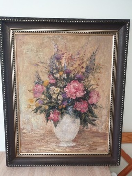 Duzy Obraz Olejny - Kwiaty w wazon- Martwa Natura 