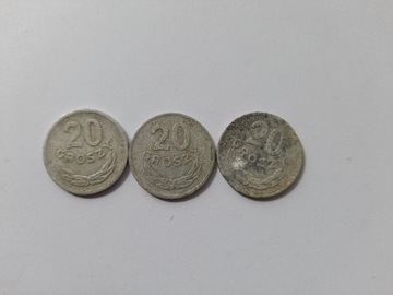 Monety 20 gr z lat 1957 do 1969 3 szt.