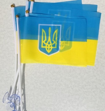 FLAGA UKRAINY 21*14 SAMOCHODOWA  Z HERBEM AUTO
