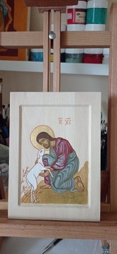 Ręcznie pisana ikona Jezus Dobry Pasterz tempera 