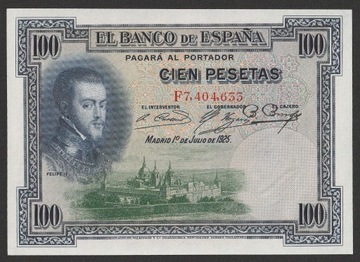 Hiszpania 100 peset 1925 - Filip II - stan UNC